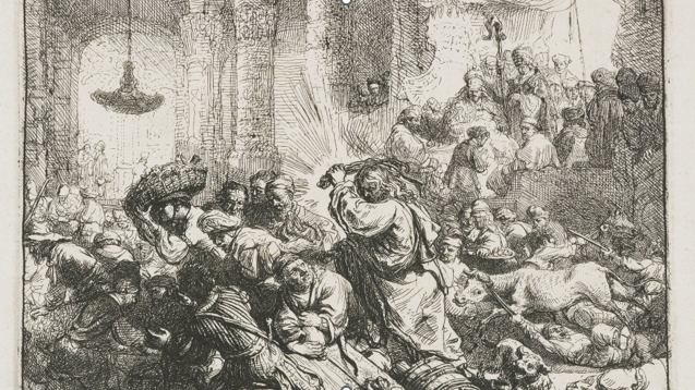 Rembrandt van Rijn — Christ Driving the Money Changers from the Temple (1635) Etching and dry point. Public domain.